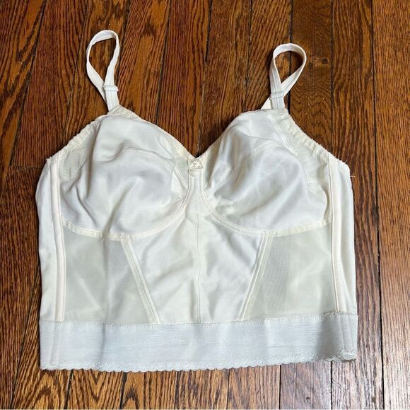 Vintage 1960s / 1970s Ivory Mesh Panel Long Line Soft Cup Bra Corset Bustier - Picture 3 of 13